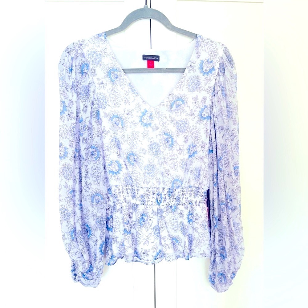 Vince Camuto Blue and White Smocked Blouse with Flutter Sleeves